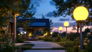 A photograph of a beautifully illuminated outdoor space featuring various styles of solar-powered lights in use at dusk