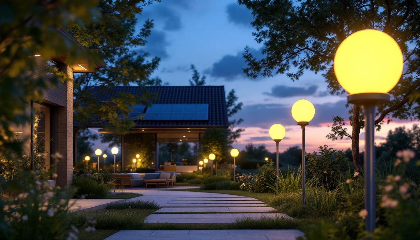 A photograph of a beautifully illuminated outdoor space featuring various styles of solar-powered lights in use at dusk