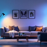 A photograph of a modern smart lighting setup in a stylish home environment