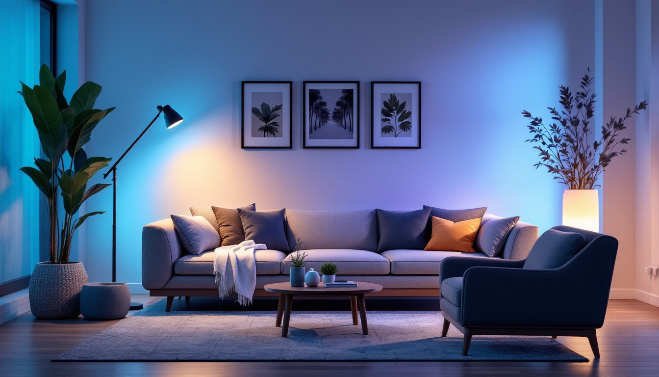 A photograph of a modern smart lighting setup in a stylish home environment
