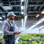 A photograph of a lighting contractor assessing a well-lit commercial space