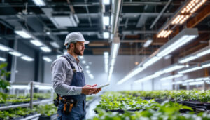 A photograph of a lighting contractor assessing a well-lit commercial space