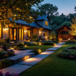 A photograph of a beautifully illuminated backyard scene at dusk