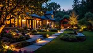 A photograph of a beautifully illuminated backyard scene at dusk