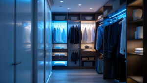 A photograph of a well-organized closet featuring led lighting solutions