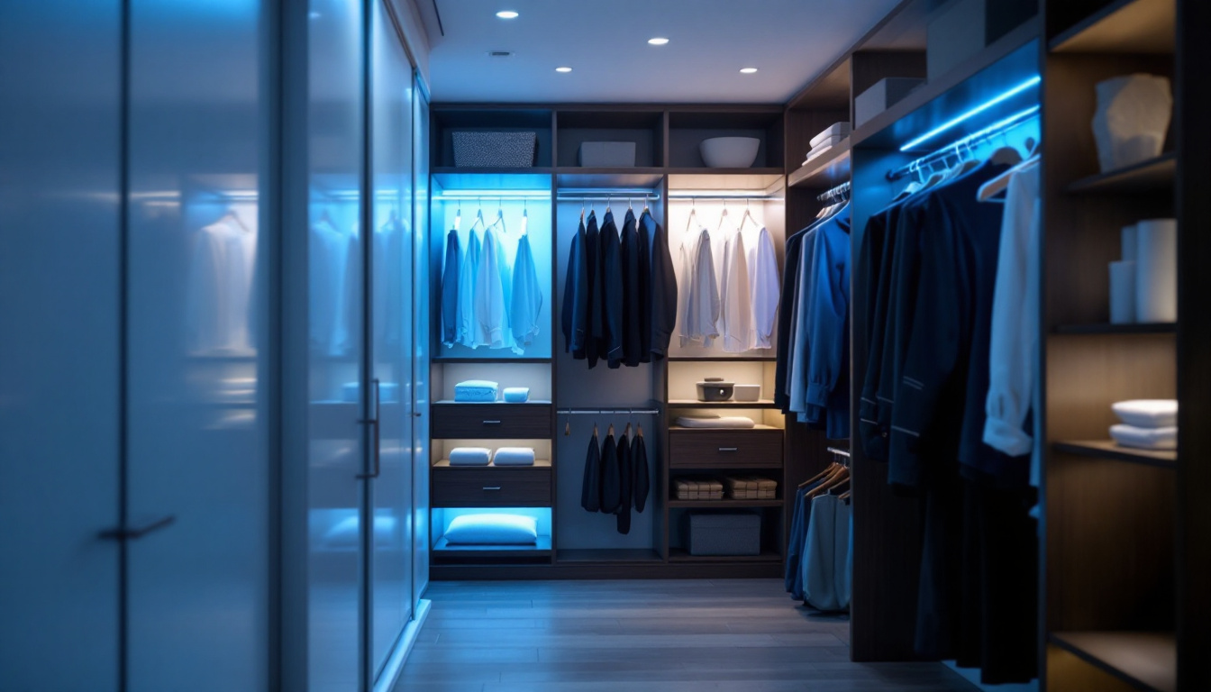 A photograph of a well-organized closet featuring led lighting solutions