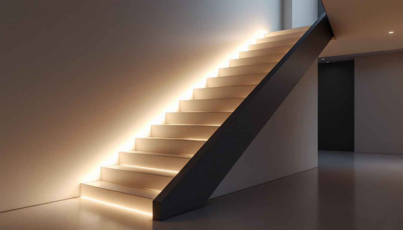 A photograph of a modern staircase elegantly illuminated with integrated led lights