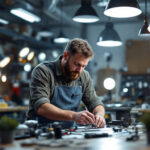 A photograph of a skilled lighting contractor at work in a well-lit workshop