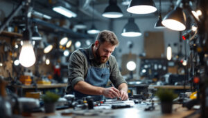 A photograph of a skilled lighting contractor at work in a well-lit workshop