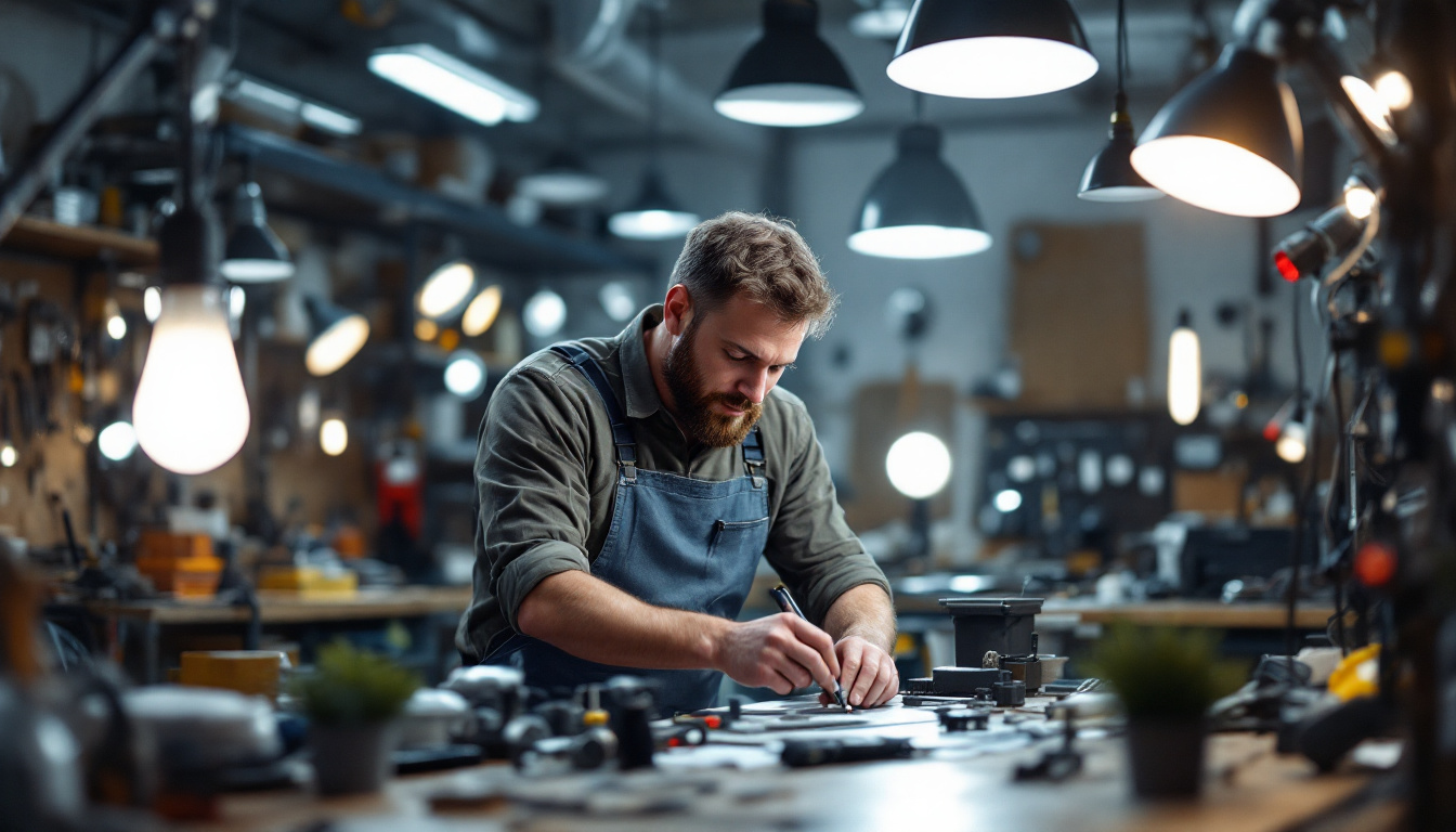 A photograph of a skilled lighting contractor at work in a well-lit workshop
