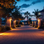 A photograph of a beautifully illuminated outdoor walkway at dusk