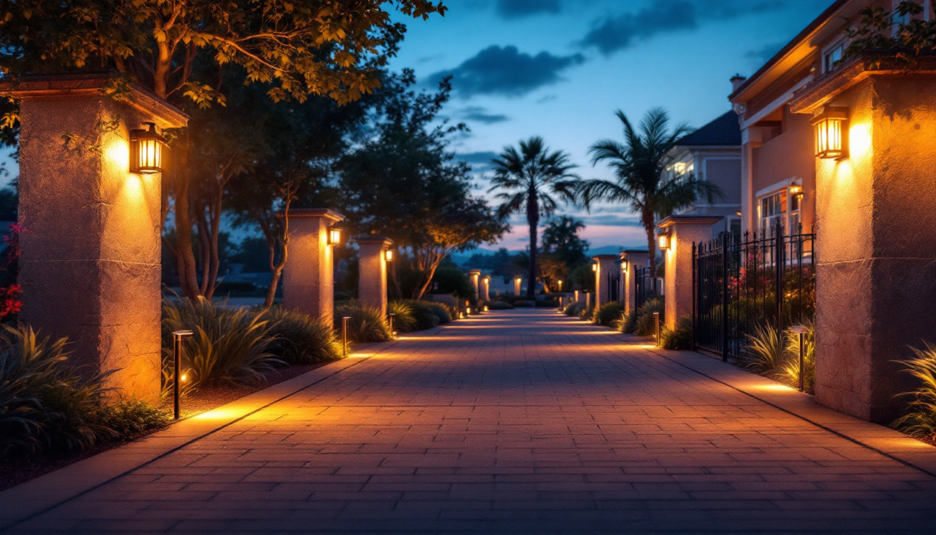 A photograph of a beautifully illuminated outdoor walkway at dusk