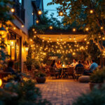 A photograph of a beautifully illuminated outdoor patio featuring stylish string lights