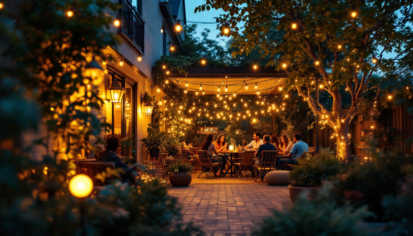 A photograph of a beautifully illuminated outdoor patio featuring stylish string lights