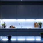 A photograph of a beautifully illuminated kitchen featuring sleek led under cabinet lighting that highlights the countertops and enhances the overall ambiance