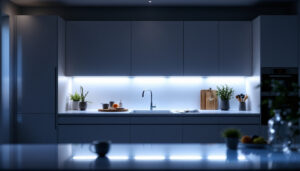 A photograph of a beautifully illuminated kitchen featuring sleek led under cabinet lighting that highlights the countertops and enhances the overall ambiance