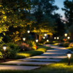 A photograph of a beautifully illuminated outdoor landscape featuring various styles of solar landscape lights at dusk