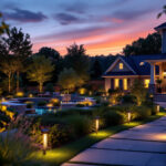 A photograph of a beautifully lit outdoor landscape at dusk