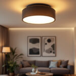 A photograph of a stylish modern flush mount ceiling light installed in a contemporary living space
