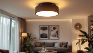 A photograph of a stylish modern flush mount ceiling light installed in a contemporary living space