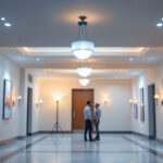 A photograph of a well-lit hall showcasing various types of elegant lighting fixtures