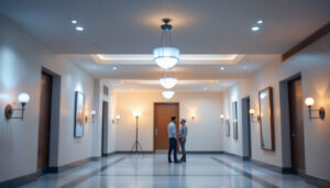 A photograph of a well-lit hall showcasing various types of elegant lighting fixtures