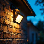 A photograph of a lighting contractor expertly installing an outside flood light in a residential or commercial setting during twilight
