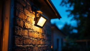 A photograph of a lighting contractor expertly installing an outside flood light in a residential or commercial setting during twilight