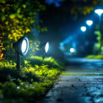 A photograph of a well-lit outdoor area showcasing flood light bulbs illuminating a pathway or garden