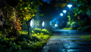 A photograph of a well-lit outdoor area showcasing flood light bulbs illuminating a pathway or garden