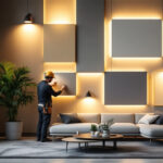 A photograph of a well-designed interior space featuring stylish wall light panels in various configurations