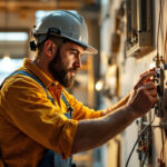 A photograph of a skilled lighting contractor working with an electricity switch