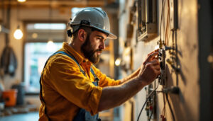 A photograph of a skilled lighting contractor working with an electricity switch