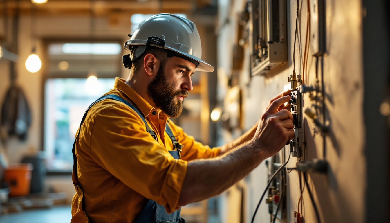 A photograph of a skilled lighting contractor working with an electricity switch