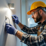 A photograph of a skilled lighting contractor inspecting or installing a clothes dryer outlet in a residential setting