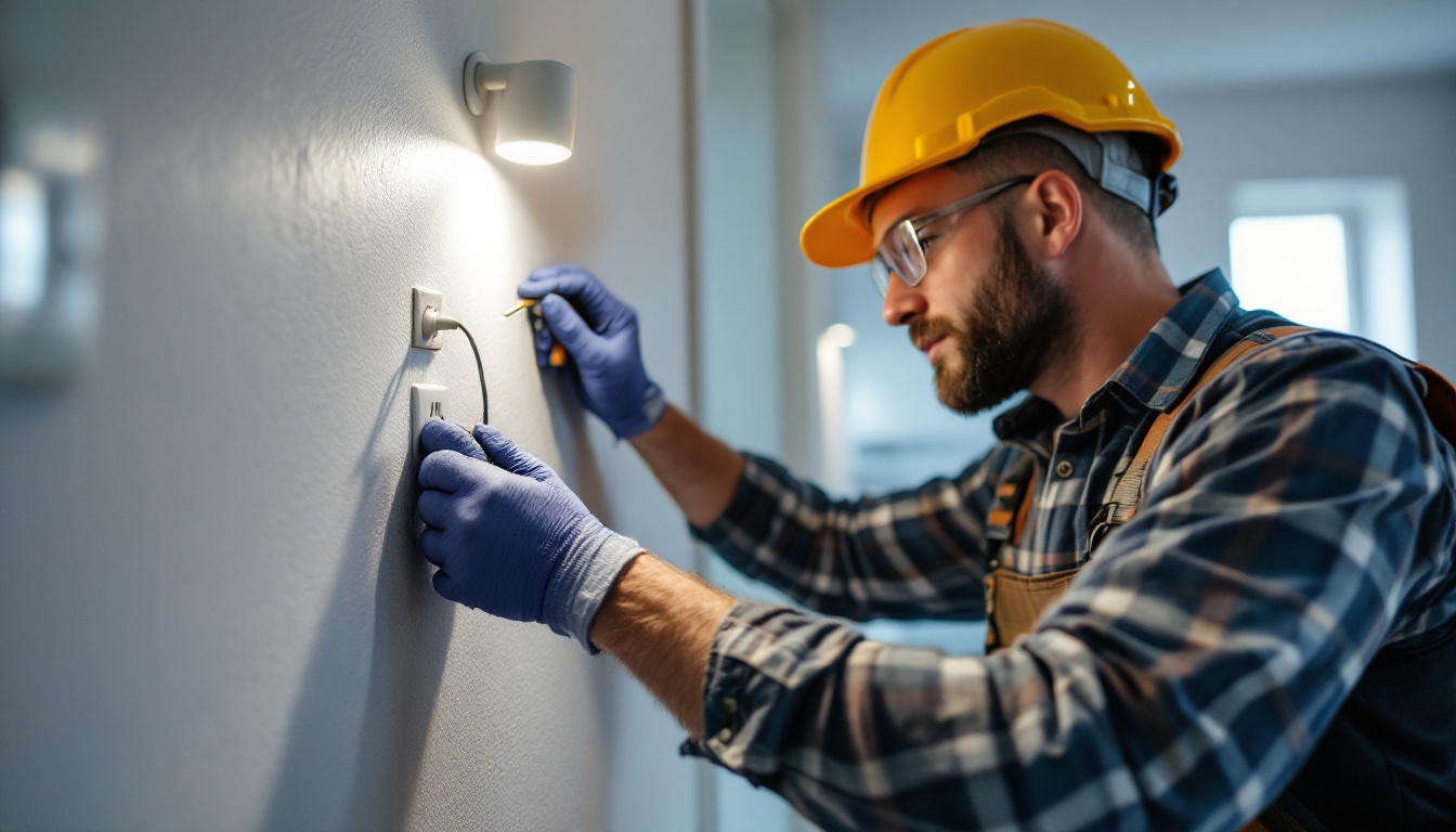 A photograph of a skilled lighting contractor inspecting or installing a clothes dryer outlet in a residential setting