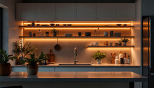 A photograph of a beautifully designed kitchen featuring warm