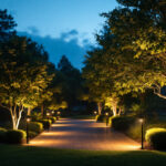 A photograph of a beautifully illuminated outdoor landscape featuring strategically placed spotlights highlighting key features such as trees