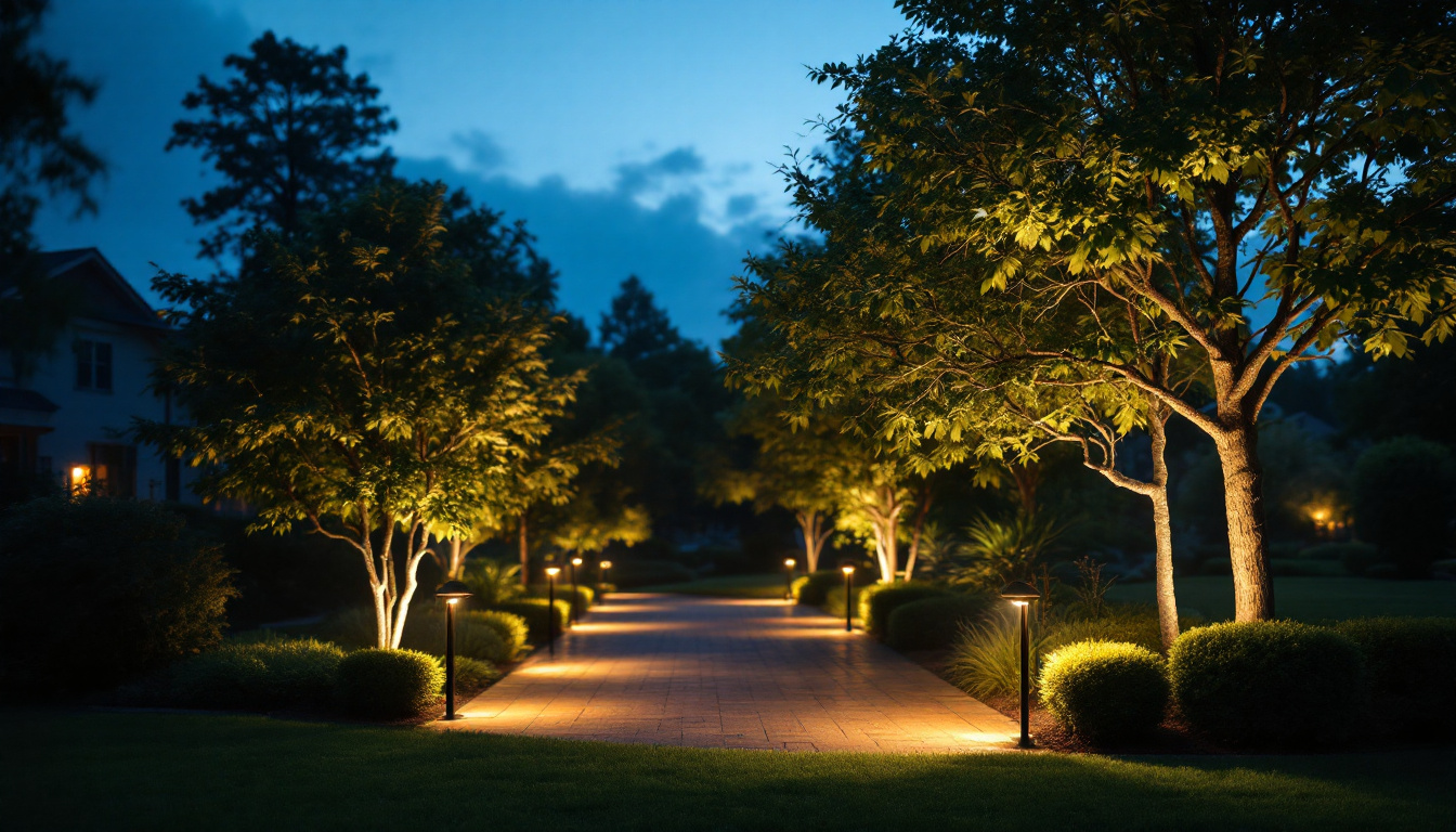 A photograph of a beautifully illuminated outdoor landscape featuring strategically placed spotlights highlighting key features such as trees