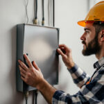 A photograph of a skilled lighting contractor installing a sleek