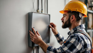 A photograph of a skilled lighting contractor installing a sleek
