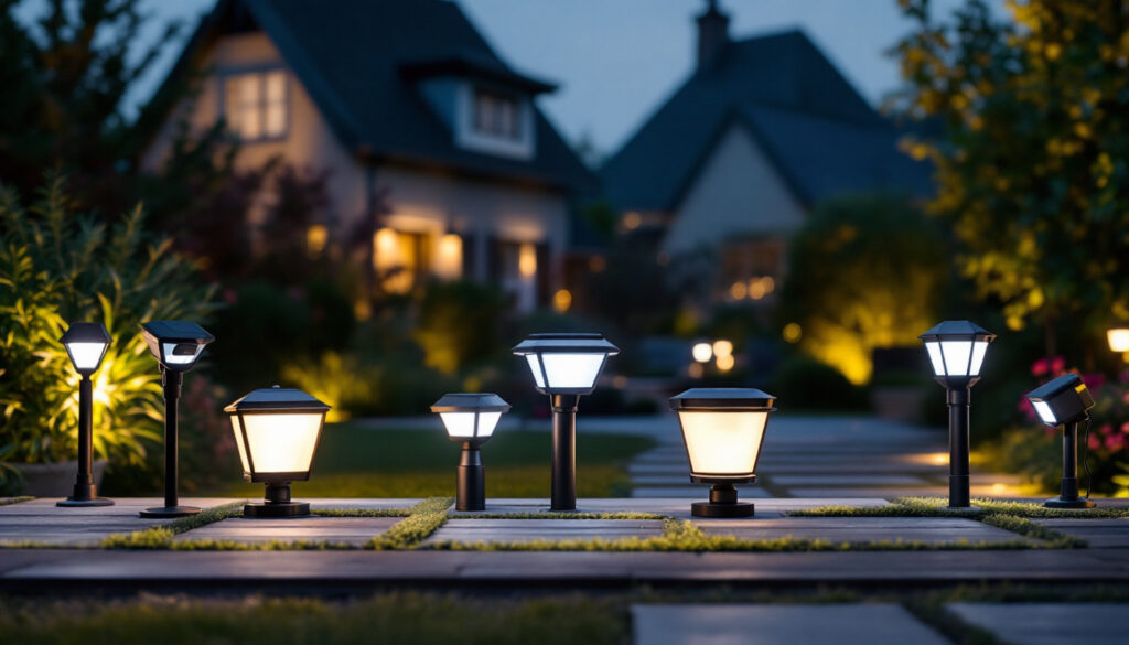 A photograph of a well-lit outdoor setting featuring a variety of motion sensor lights in action