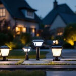 A photograph of a well-lit outdoor setting featuring a variety of motion sensor lights in action