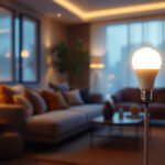 A photograph of a modern living space illuminated by a smart light bulb