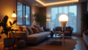 A photograph of a modern living space illuminated by a smart light bulb