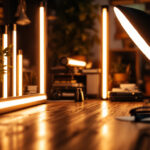 A photograph of a well-lit workspace featuring various led light tubes in use