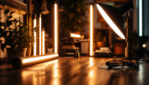 A photograph of a well-lit workspace featuring various led light tubes in use