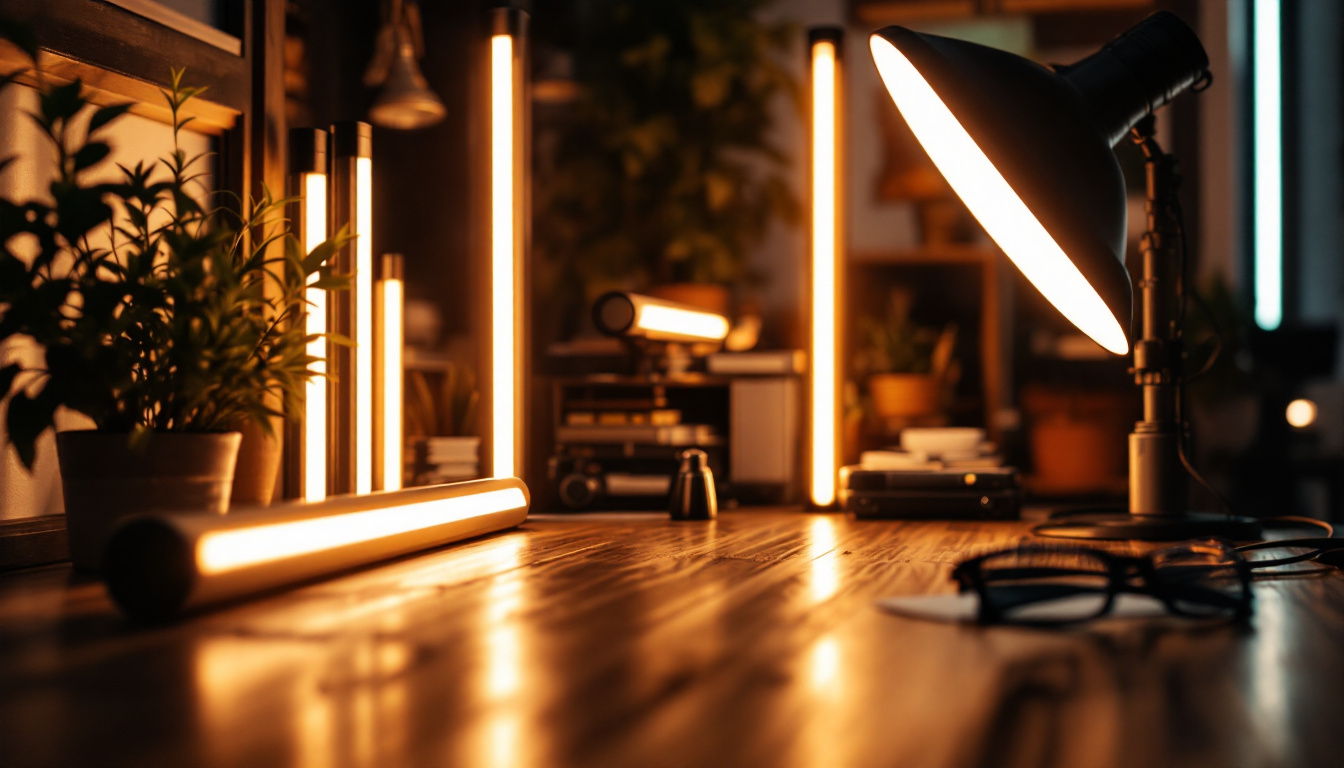 A photograph of a well-lit workspace featuring various led light tubes in use