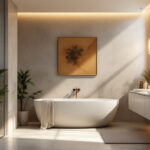 A photograph of a beautifully designed bathroom illuminated by a variety of stylish light fixtures