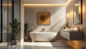 A photograph of a beautifully designed bathroom illuminated by a variety of stylish light fixtures